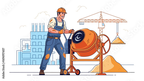 Construction worker in action: A skilled construction worker diligently operates a concrete mixer on a bustling construction site.