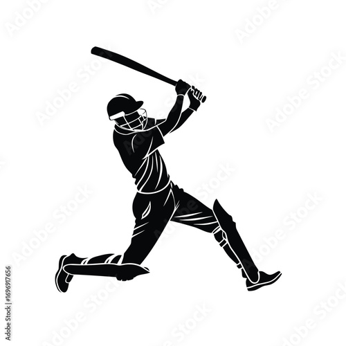 Black vector silhouette of a baseball player hitting a ball, a dynamic cartoon illustration for sports and competition