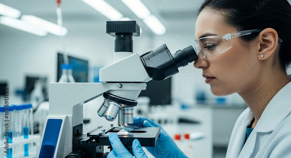 © designermetin - Female scientist analyzing slide with microscope in laboratory research facility for medical diagnostics study