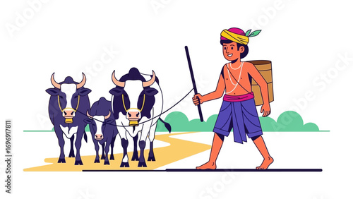 Farmer and Livestock: A determined farmer leads his livestock, traversing a winding path. A graphic illustration depicting a rural scene with animals.