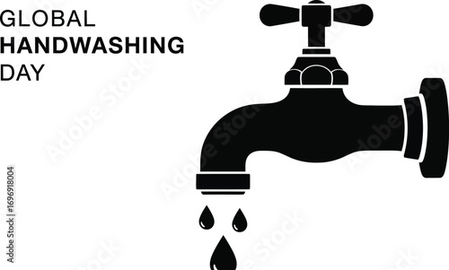 A black illustration for global handwashing day, featuring a water tap with water drops