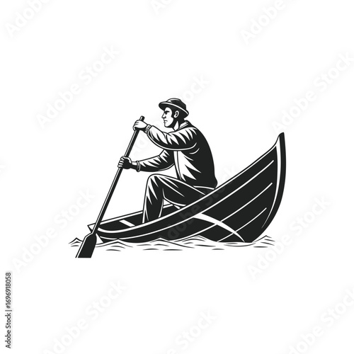 Fun summer drawing of men and women rowing a kayak on the river