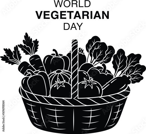 A black illustration for world vegetarian day, featuring a basket full of vegetables