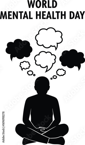 Silhouette of a person meditating with thought bubbles for world mental health day