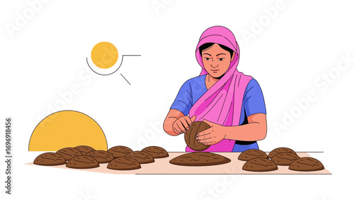 Crafting Clay Crafts: A woman, delicately molds the earth's clay in preparation for firing process. Capturing the scene, evoking the emotions, and intrigue viewers. 