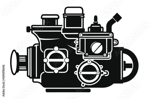 Black and White Illustration of a Detailed Gasoline Engine Mechanism Graphic Design