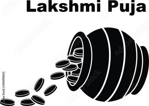Illustration of a pot of coins for the lakshmi puja festival, a traditional hindu celebration