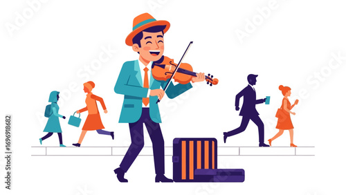 Serenade Amidst the Crowd: A busker enchants passersby with his violin, creating a moment of harmony amidst the city's vibrant rush. His music, a bridge between individual moments.