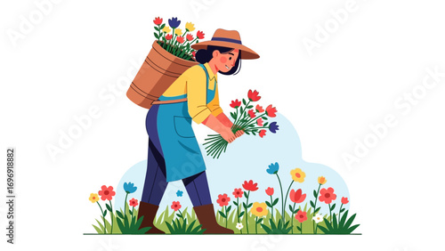 A day in garden with a flower farmer: A picturesque depiction of a farmer gathering beautiful flowers, showcasing a scene of serenity and agricultural grace, captured in a vibrant style.