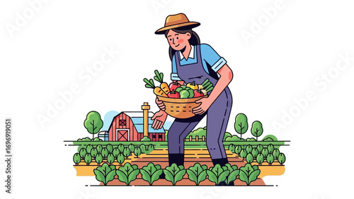 Harvest Bounty: A woman, a farmer, joyfully carries a basket laden with the fresh produce, a snapshot of life on the farm