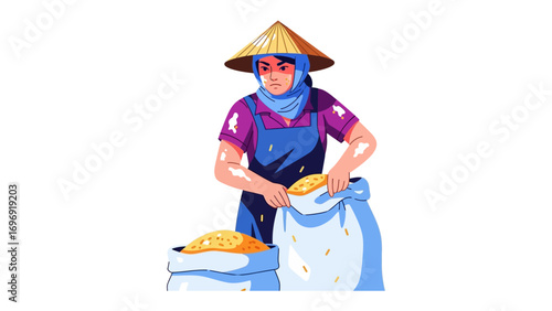 Harvesting Time: An illustration captures the spirit of agriculture, depicting a dedicated farmer at work, carefully filling a bag with the golden grains of harvest.