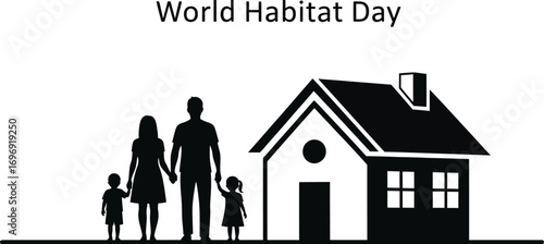 Family with children standing in front of house for world habitat day concept