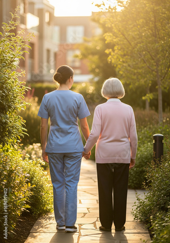 Healthcare worker with elderly woman on sunny path, senior support concept for eldercare advertising, hospital and clinic websites, senior living facilities, family care services, healthcare brochures