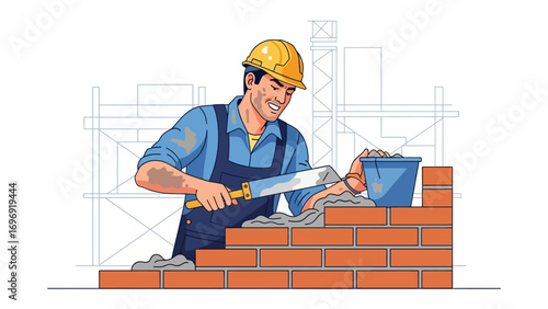 Crafting Structures with Precision: A construction worker, clad in a protective helmet and attire, expertly lays brick, showcasing the meticulous artistry of building and architecture.