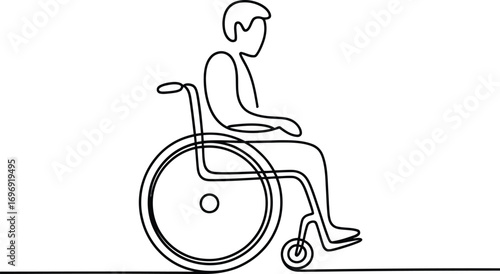 Simple line drawing of a person sitting in a wheelchair showing mobility support