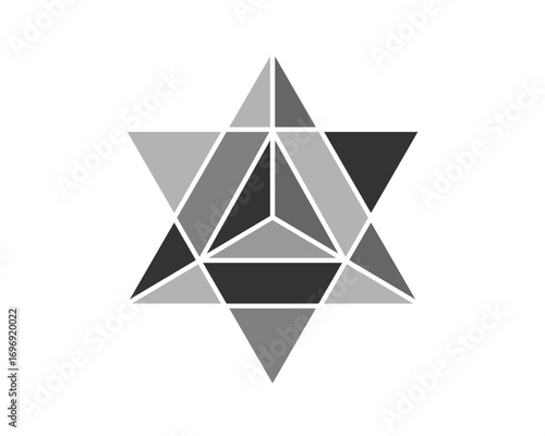 Merkaba sacred spiritual icon. Energy soul symbol. Sacred geometry Merkabah, Star of David, black gradient pattern effect, isolated on white background