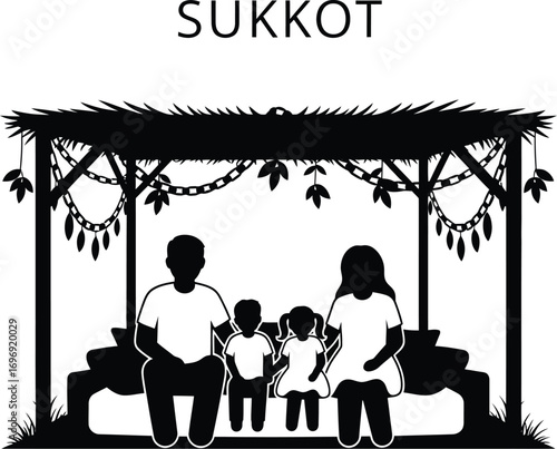 Sukkot holiday with family sitting in the sukkah, a Jewish holiday of thanksgiving and harvest