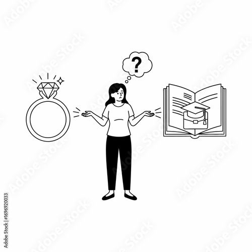 Thinking woman icon contemplating marriage and education options, displaying indecision with thought bubbles above head. Perfect for relationship or career concepts.
