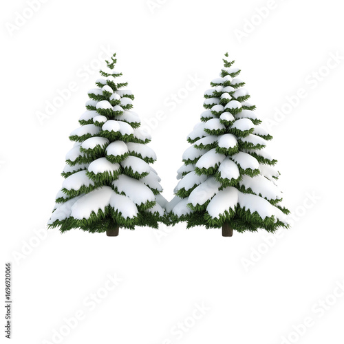 Snowy Evergreen Trees Together isolated on white or transparent background, png clipart, design element. Easy to place object on any other background.