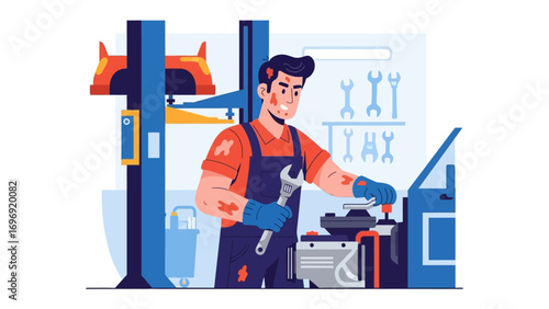 Mechanic at Work: An illustration depicting a dedicated mechanic, immersed in his craft within a bustling automotive workshop setting.