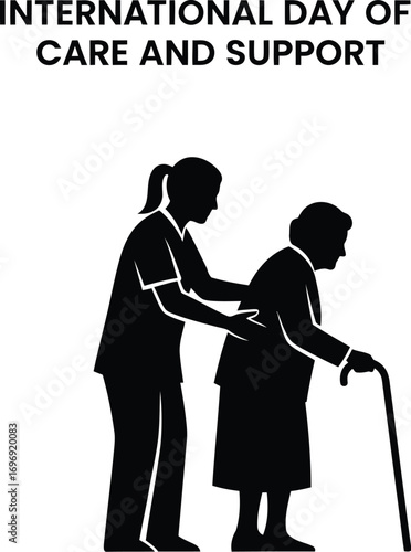 Silhouette of caregiver assisting senior woman with cane for international day of care and support