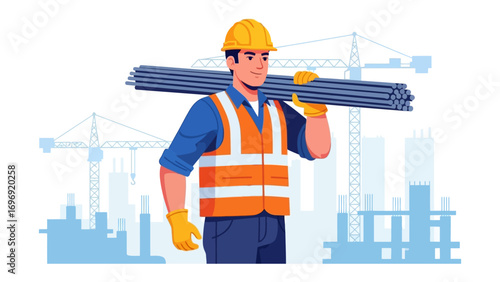 Builder's Task: A construction worker, equipped with a hard hat and high-visibility vest, expertly carries metal bars, symbolizing strength and diligence on a modern construction site. 
