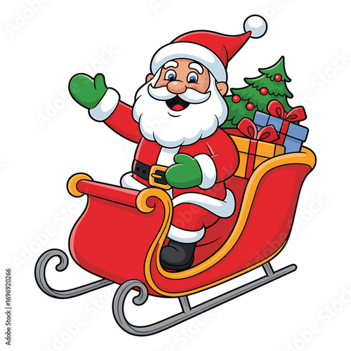 Santa claus riding in a sleigh with gifts cartoon santa claus waving his hand and smiling christmas concept
