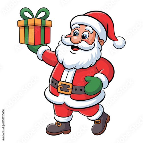 Santa claus holding a gift cartoon character of santa claus in red suit and hat holding a present