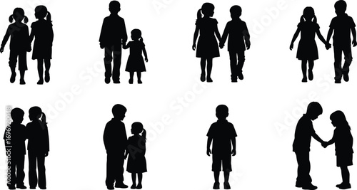 Vector silhouette of children together, boys and girls holding hands, sibling bond, friendship, childhood connection, family love, support, care, innocence, growing up