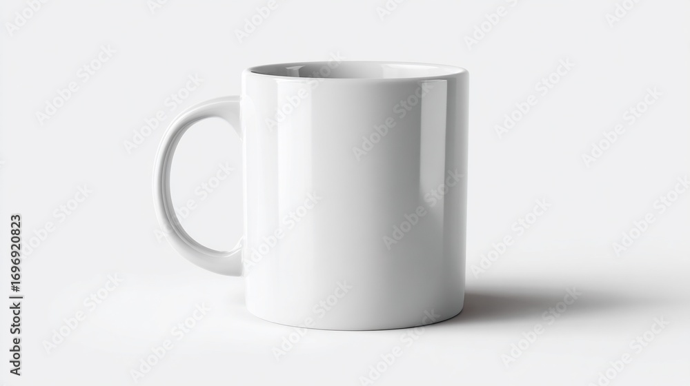 Obraz premium Simple, white ceramic mug standing centered with a subtle shadow on a white backdrop