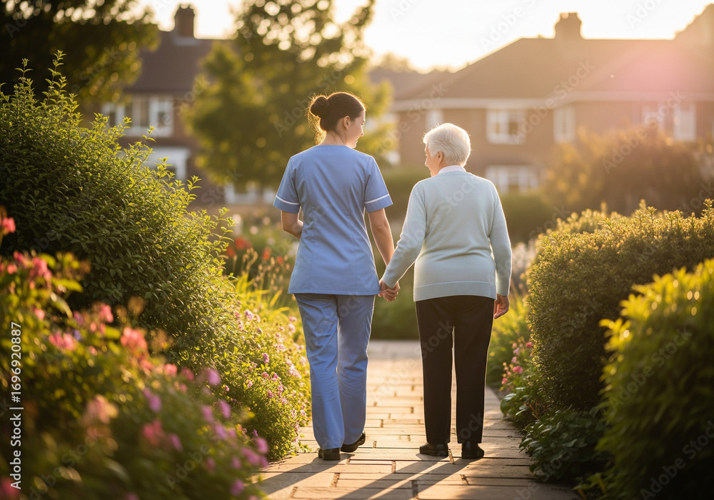 Obraz premium Caregiver supporting senior woman in garden, healthcare and companionship for medical services websites, caregiving promotions, retirement community marketing, wellness & family support ads, insurance