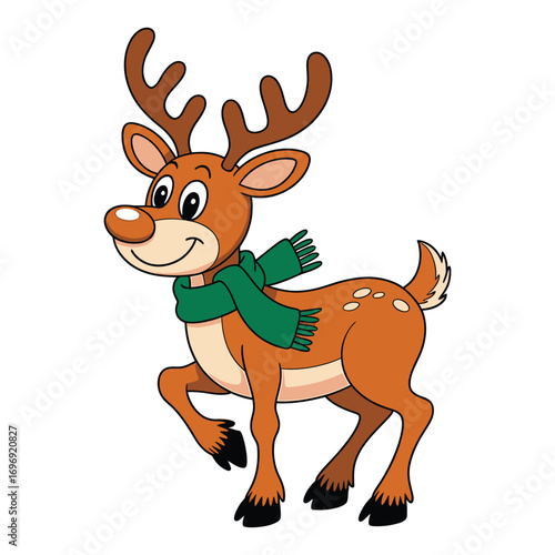 Charming reindeer wearing a green scarf, festive christmas animal character for holiday decorations and greeting cards