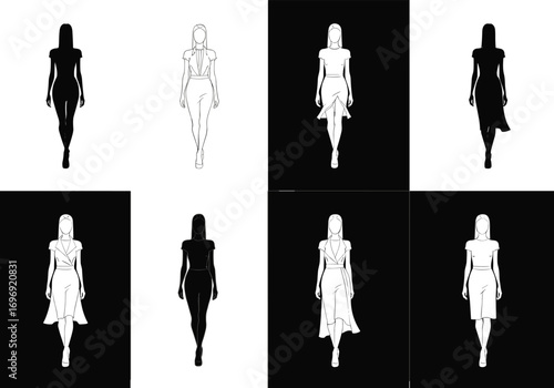Elegant female fashion model silhouettes and outlines walking in stylish dress, perfect for fashion design, runway, branding, and illustration projects.