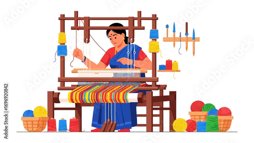 Weaving artistry: Depicting the traditional craftswoman, meticulously creating beautiful textiles on a wooden loom, showcasing the essence of skillful craftsmanship.