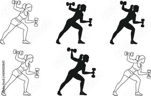 Fitness woman silhouette and outline doing dumbbell exercises in strength training pose, gym workout, muscle building vector illustration set