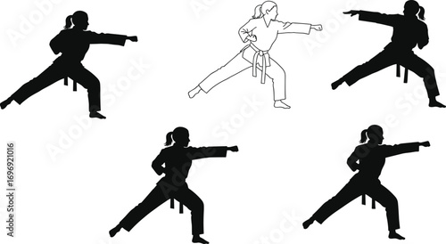 Silhouette and Outline Vector of Female Martial Artist Practicing Karate Punch Pose, Isolated on White Background for Design Use