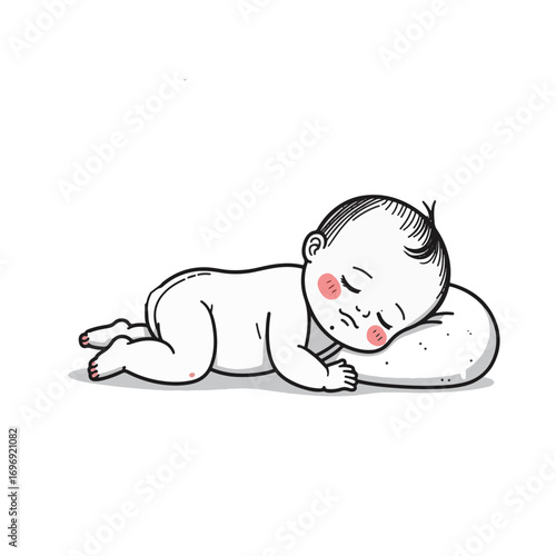 Sleeping baby with rosy cheeks on soft pillow, peaceful innocence