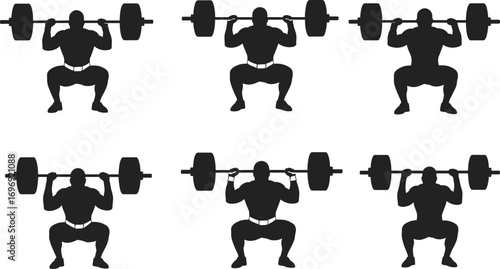 Silhouette illustration of muscular men performing barbell squats in different positions, perfect for fitness, gym, workout, and strength training designs.