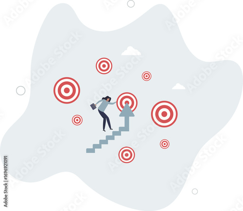 Reach target or progress to reach goal, career step to success, achievement or growth, challenge and motivation to succeed concept.life and employment of people.