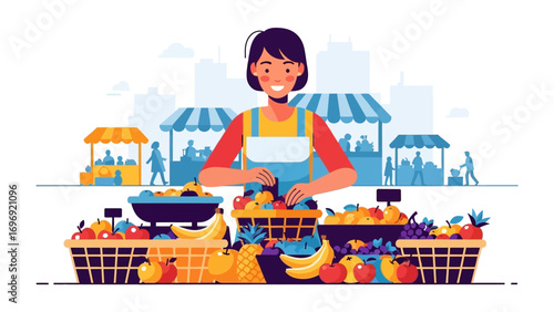 Local Market Bounty: A vendor meticulously arranges a vibrant display of fruits and vegetables at a lively open-air market, celebrating the abundance of nature's harvest. 