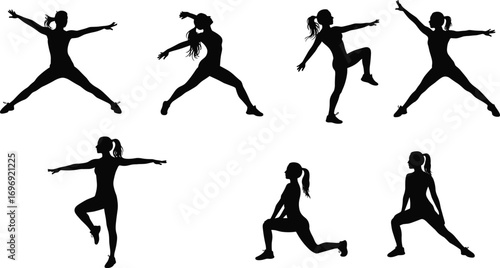 Silhouette illustration of women performing aerobic and stretching exercises, fitness workout poses, dance movement, flexibility and balance training positions
