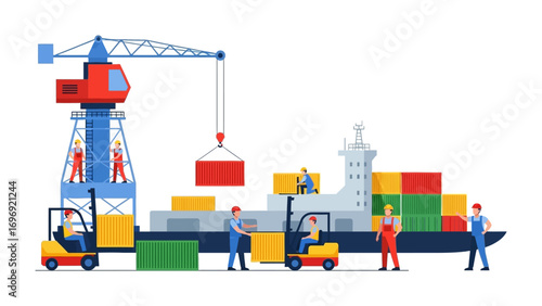Global Trade Logistics: An illustration of cargo ship, port crane, and containers, showing the dynamic world of global trade.