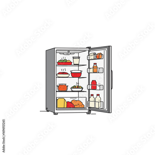 Open fridge displaying colorful leftovers in minimalist style, food storage