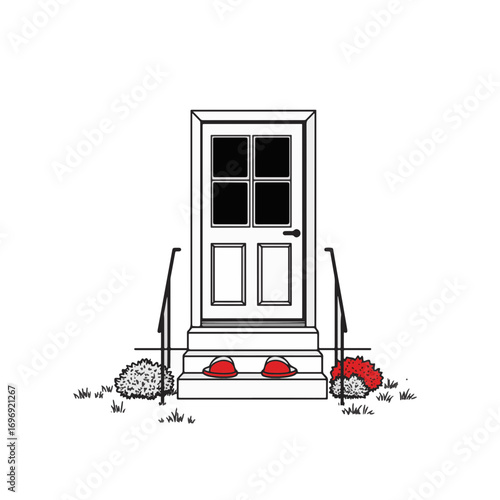 Minimalist slippers on porch with red accents, inviting warmth