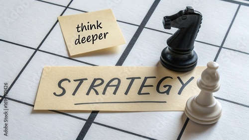 Chess Pieces on Game Board with Strategy Concept Notes