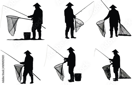 Silhouette of Fisherman with Rod and Net in Various Poses Wearing Conical Hat and Boots for Fishing Vector Design