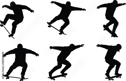 Silhouette of Skateboarders Performing Tricks in Action Jump Poses, Extreme Sports Vector Set Isolated on White Background Illustration