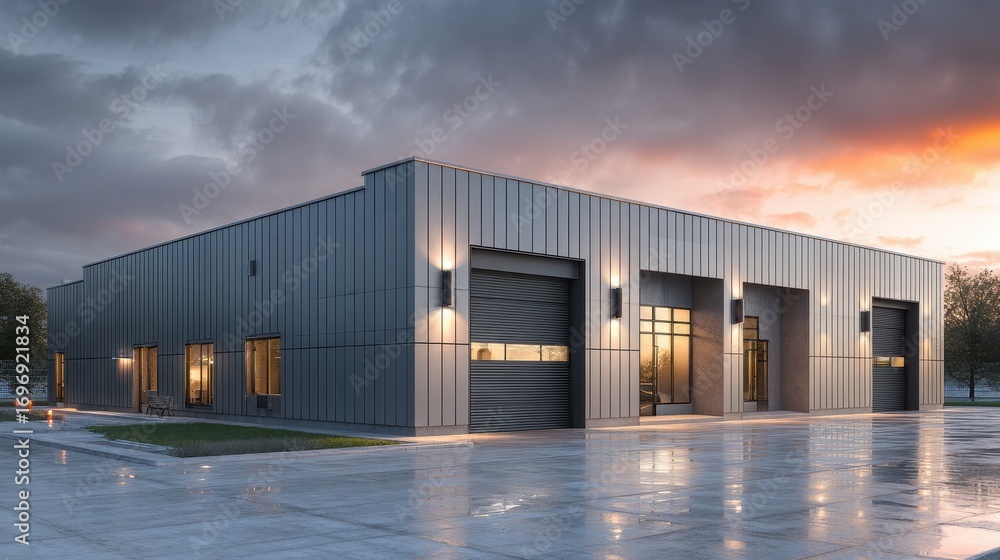 Obraz premium Modern 3D rendering of a warehouse exterior with sleek gray metal cladding and large garage doors at sunset, showcasing an industrial building ideal for storage, commercial cargo.