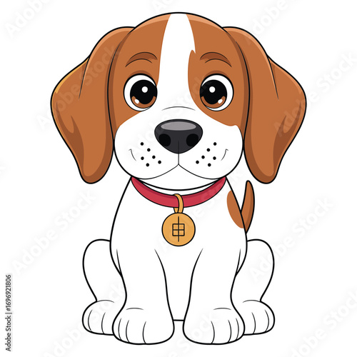 Cute beagle puppy sitting, adorable cartoon dog with brown ears and a red collar, a charming pet illustration for kids