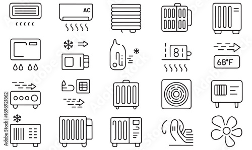 Minimalist HVAC symbols showing heaters, coolers, air conditioners, thermostats, and ventilation devices for climate regulation